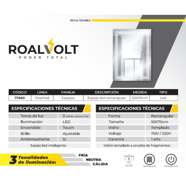 Espejo led rectangular 50x90 ROALVOLT (Grecas)